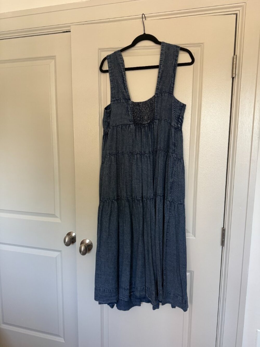 Anthropologie Denim Midi Dress Helena Tiered Smocked Square Neck Pinafore M - Picture 3 of 4